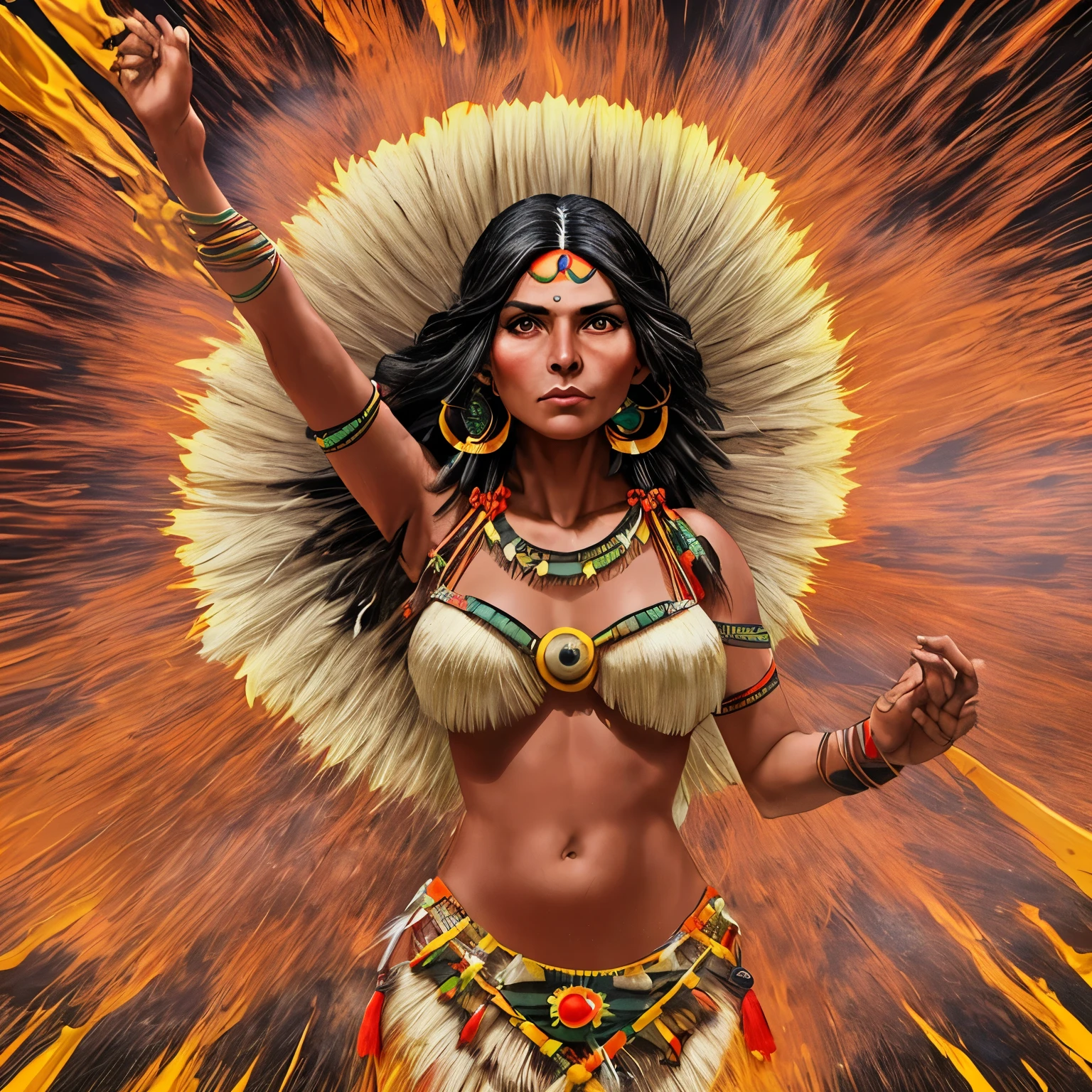 Mujer morena, indigena,cabello rizado ,diosa de los volcanes