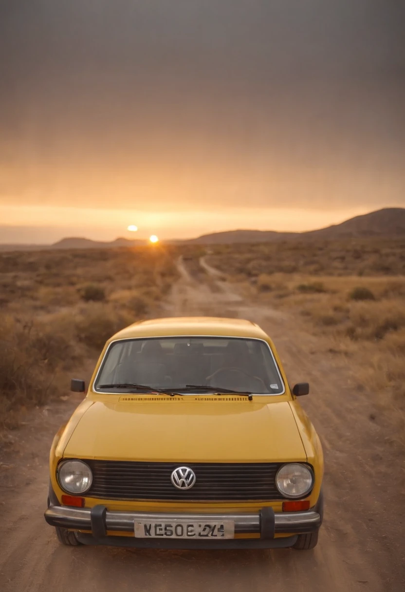 Besouro VW Amarelo, Hora dourada, yellow lighting, post-apocalyptic sunset at the end of the world. cinematic.