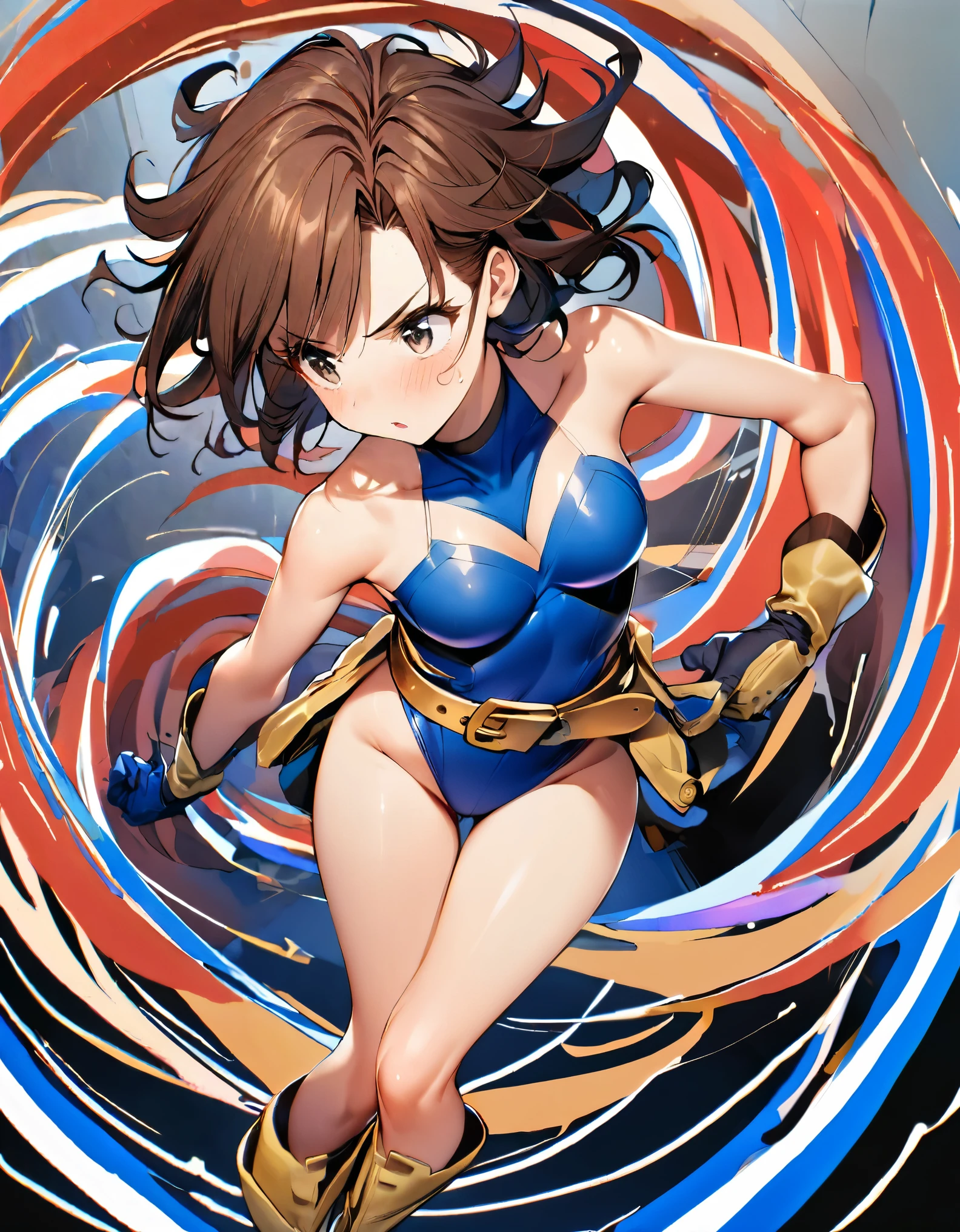 1girl, solo, solo focus, a female superhero spins in place like a tornado, medium breasts, leotard, red and blue leotard, bare legs, (fastened tight gold belt), boots, matching boots, gloves, matching gloves, brown hair, spiral lines