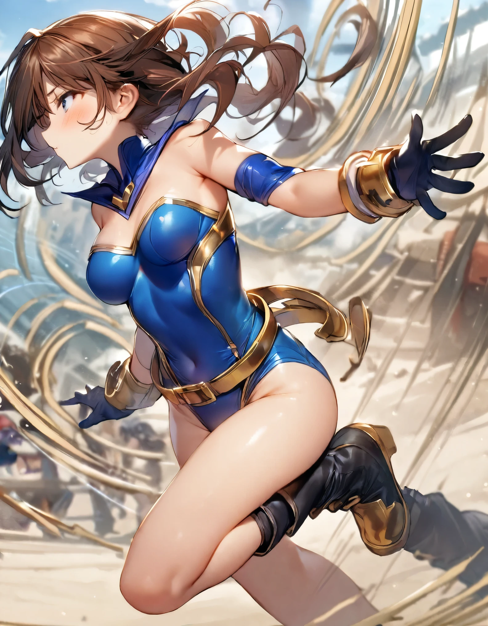 1girl, solo, solo focus, a female superhero spins in place like a tornado, medium breasts, leotard, red and blue leotard, bare legs, (fastened tight gold belt), boots, matching boots, gloves, matching gloves, brown hair, spiral lines