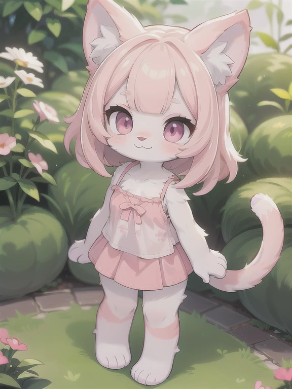 (slightly above:1.2),looking at viewer,smile,in garden,standing,depth of field,
(furry cat girl:1.2),(furry female:1),body fur,blunt bangs,pink hair,pink eyes,pink cat ears,camisole,short skirt,pink skin,cat tail,
full body,