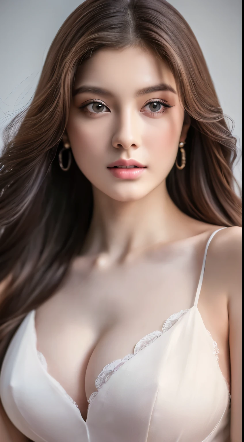 (highest quality,4k,8K,High resolution,masterpiece:1.2),Super detailed,(realistic,realistic,realistic:1.37),Slow Sports,woman,flowing long hair,Off-white iris,empty gaze,plump pink lips,White flowers bloom at the tip of my hair,elegant,medium shot,black dress.delicate long legs,big breasts,cleavage