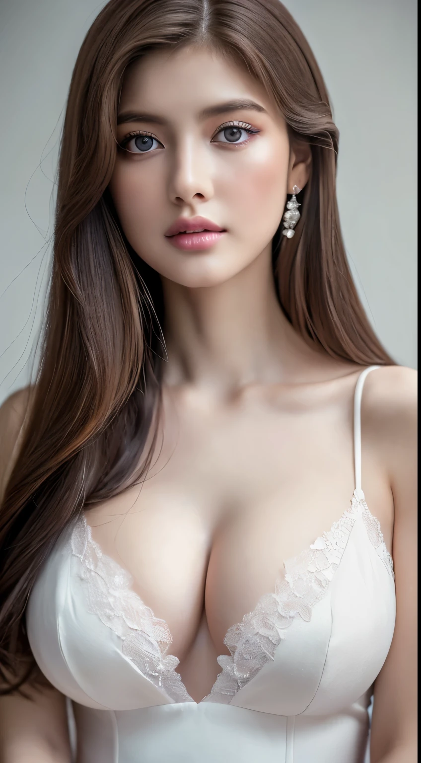 (highest quality,4k,8K,High resolution,masterpiece:1.2),Super detailed,(realistic,realistic,realistic:1.37),Slow Sports,woman,flowing long hair,Off-white iris,empty gaze,plump pink lips,White flowers bloom at the tip of my hair,elegant,medium shot,black dress.delicate long legs,big breasts,cleavage