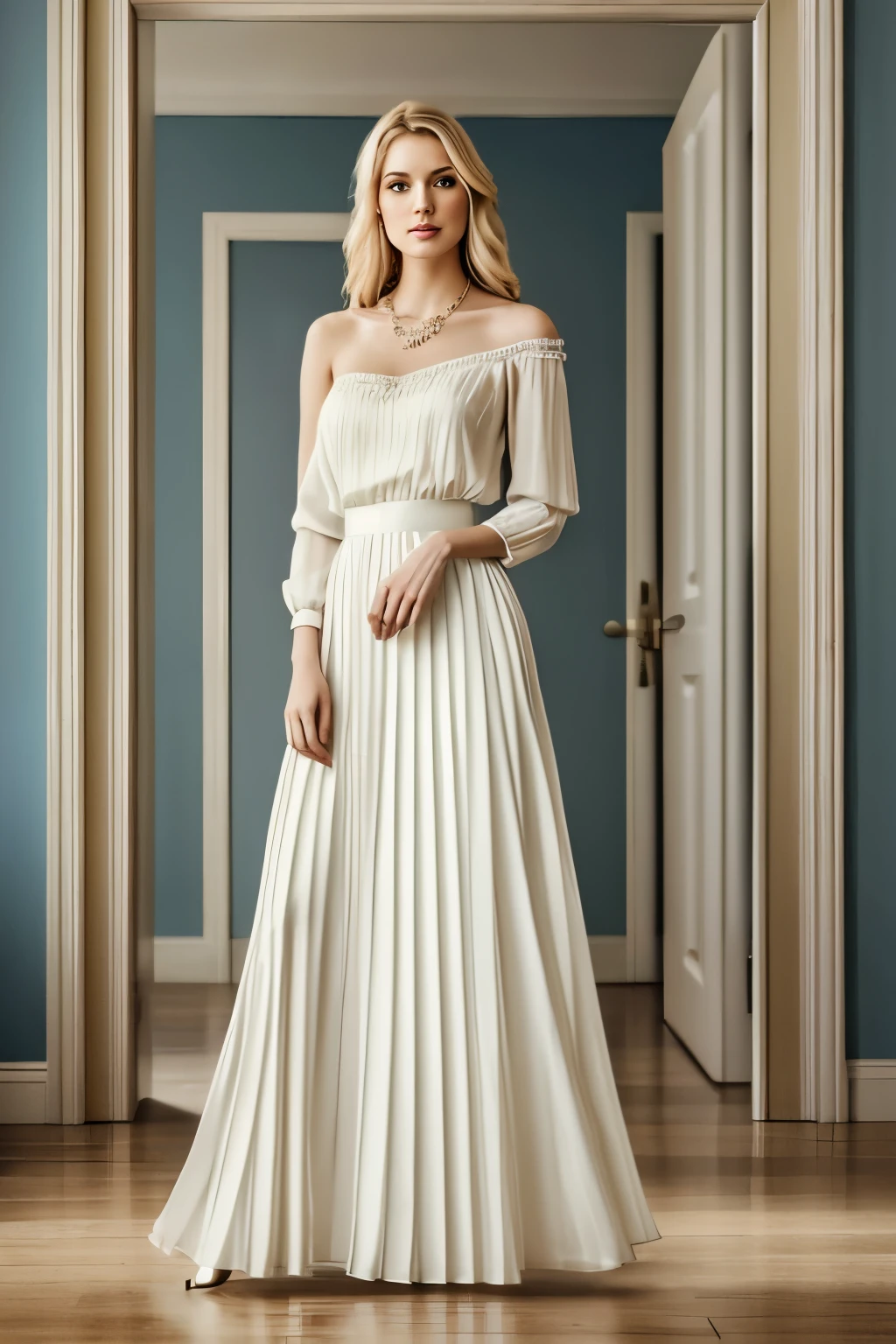 A beautiful blonde housemaid, dressed in pristine white, stands in the middle of a serene room. Her long, golden locks cascade down her back, framing her delicate face with soft waves. Her bright blue eyes sparkle with a gentle light, as she looks up from her cleaning task, meeting the viewer's gaze. Her outfit consists of a high-necked, floor-length blouse and a full, pleated skirt, highlighting her slender figure. The folds of her clothing cling to her body, revealing some bare shoulder, adding to her alluring appeal. A delicate pearl necklace adorns her neck, accentuating her graceful elegance.