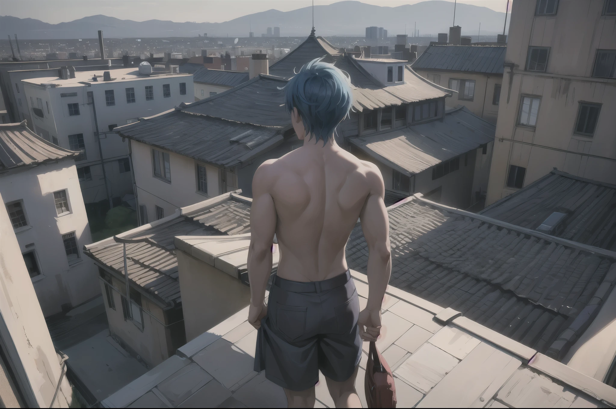 De pie sin camisa en lo alto de la escuela, Looking if the tanned skin of the back shirt is 14 years male copper skin to a nearby city is on the roof of the school has 14 years blue hair blue eyes male gender, el director del colegio lo mira desde lejos