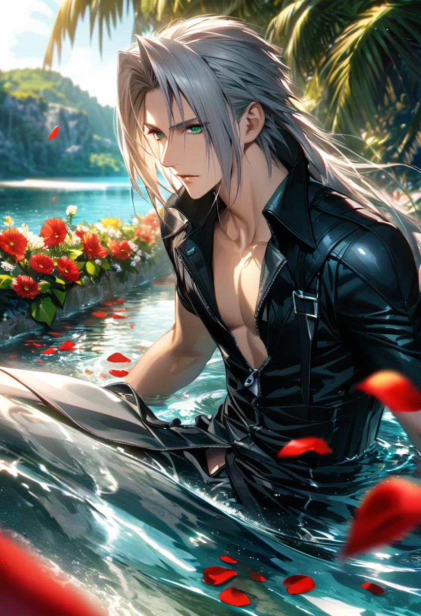 Ultra detailed, highres, absurdres, HDR, Sephiroth, grey hair, green eyes, Final Fantasy advent children, 1 man only, handsome, water, flowers and red petals, summer,