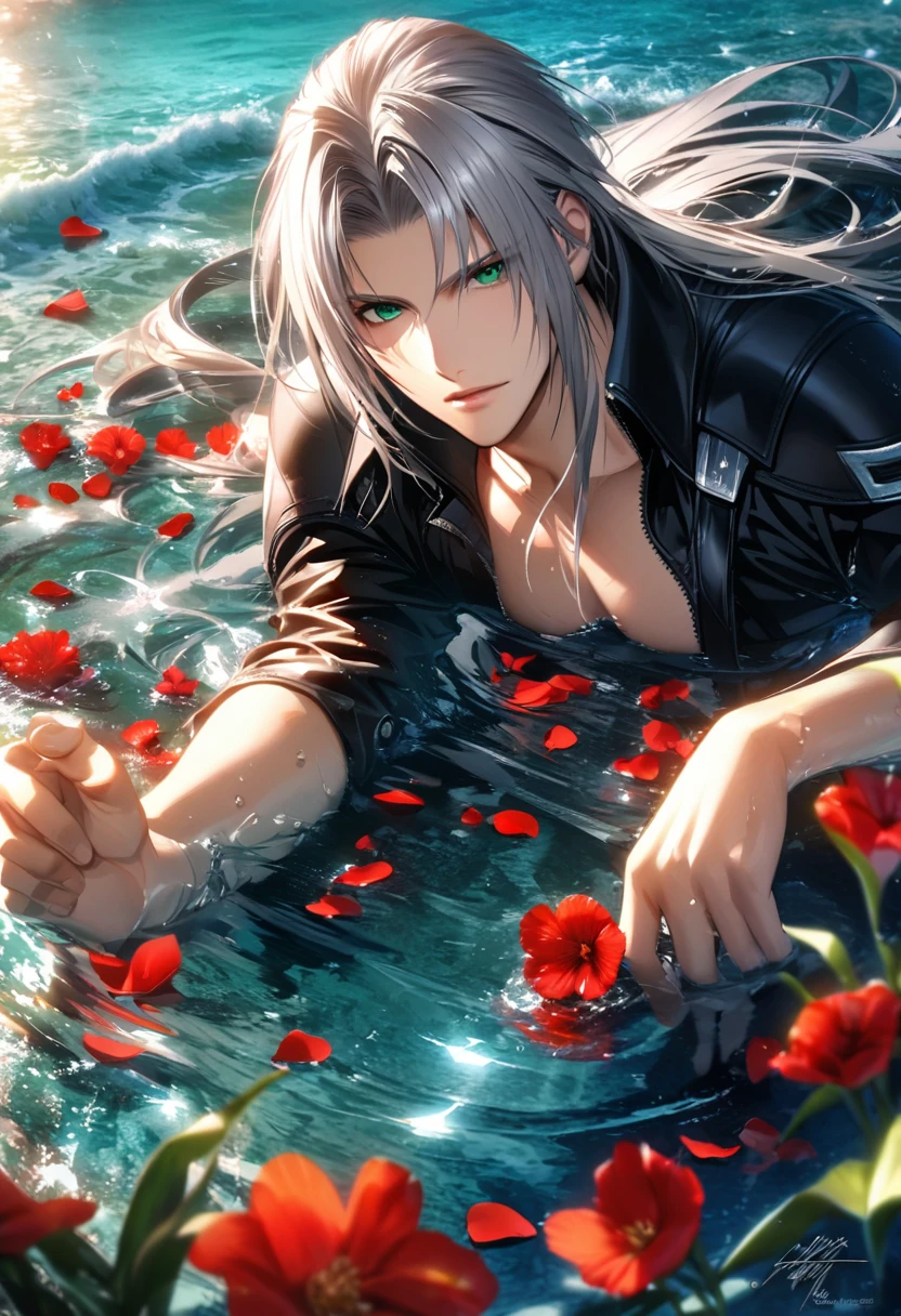 Ultra detailed, highres, absurdres, HDR, Sephiroth, grey hair, green eyes, Final Fantasy advent children, 1 man only, handsome, water, flowers and red petals, summer,