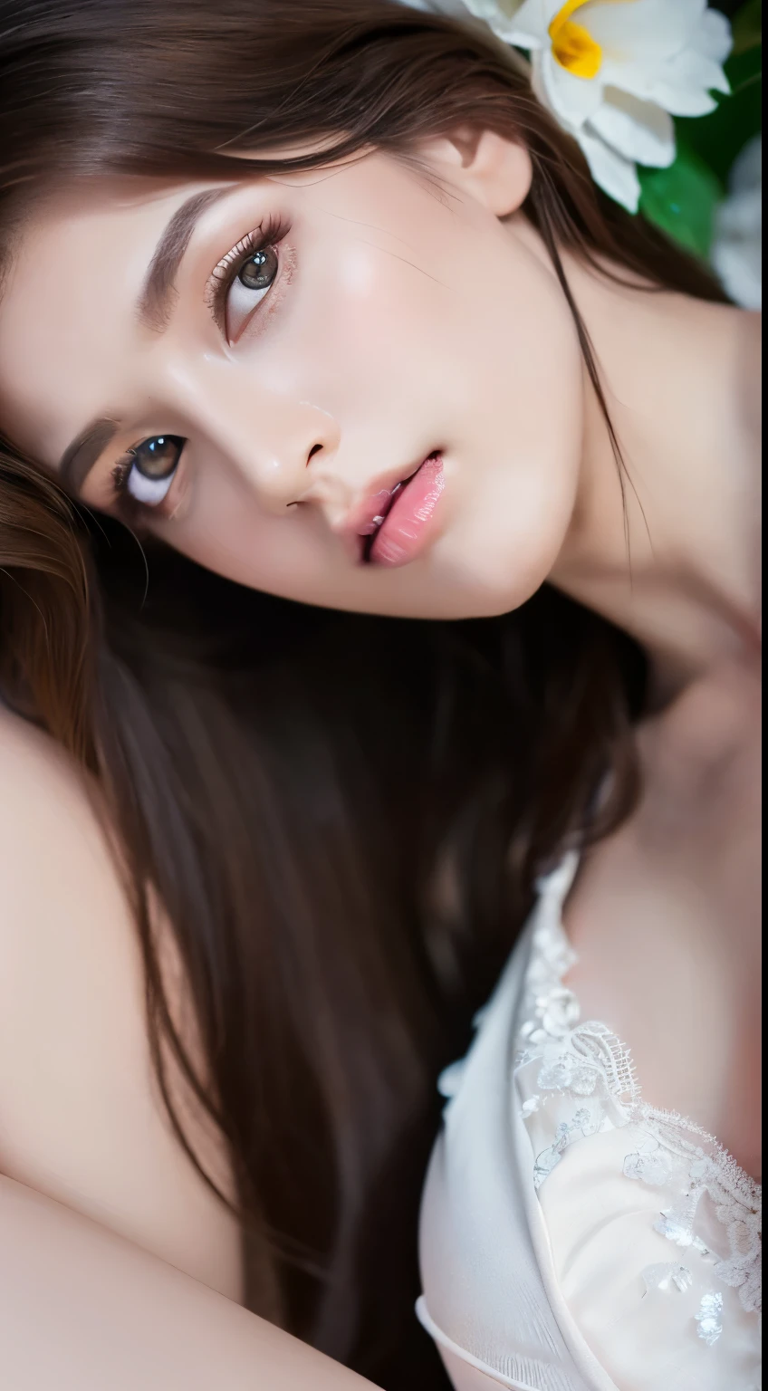 (highest quality,4k,8K,High resolution,masterpiece:1.2),Super detailed,(realistic,realistic,realistic:1.37),Slow Sports,woman,flowing long hair,Off-white iris,empty gaze,plump pink lips,White flowers bloom at the tip of my hair,elegant,medium shot,black dress.delicate long legs,big breasts,cleavage