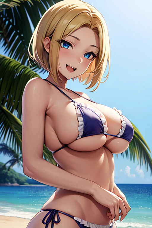 one woman, highest quality, masterpiece, big breasts, beautiful breasts, beautiful woman, blue eyes, Upper body, 2D, standing position, cleavage, perfect eyes, anime characters, smile, open your mouth, blonde, Forehead visible, short hair, perfect body, Perfect contours, Frilly bikini, beach, underboob,