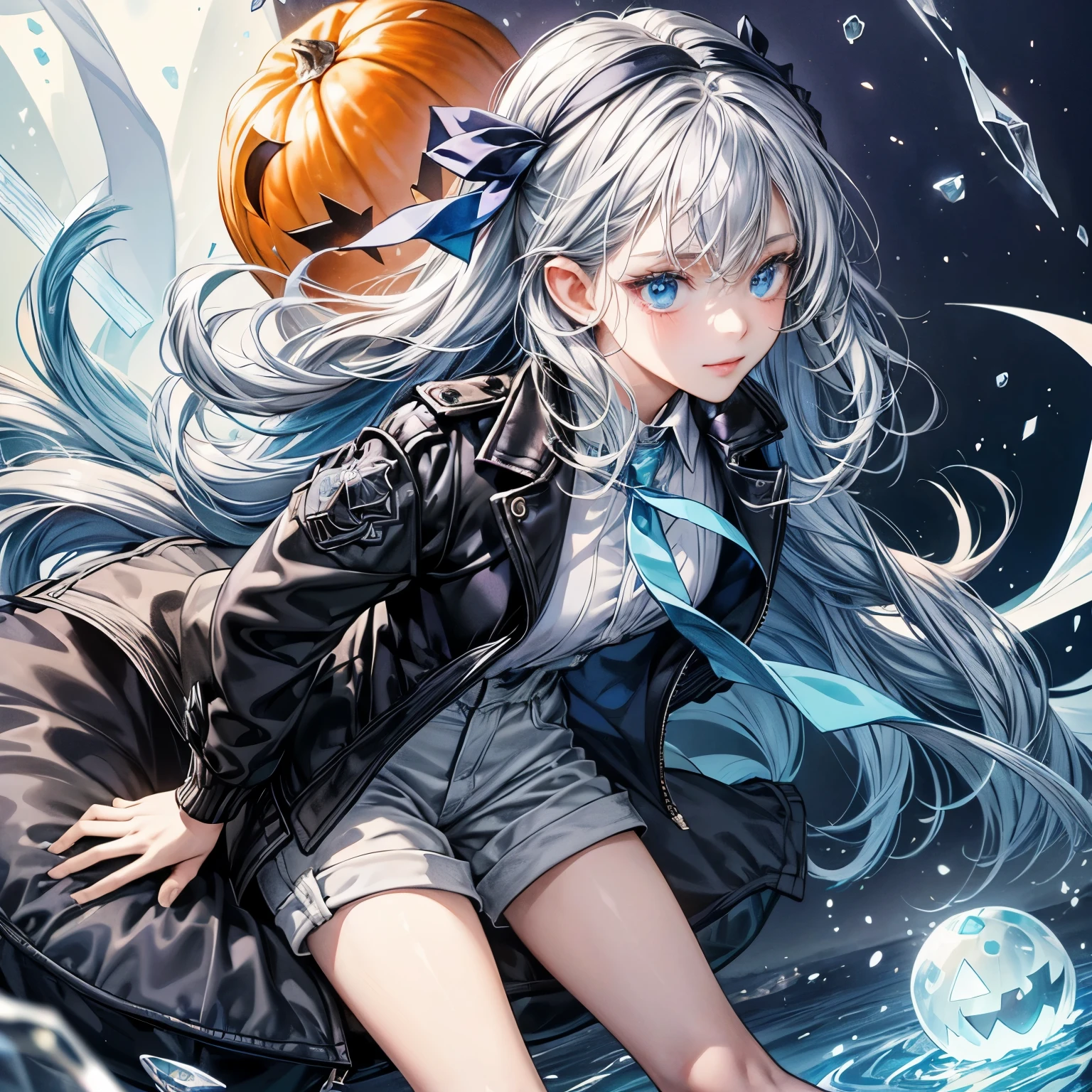 ((top-quality)), ((masterpiece)), ((ultra-detailliert)), (Extremely delicate and beautiful), girl with, solo, cold attitude,((Black jacket)),She is very(relax)with the(Settled down)Looks,A dark-haired, depth of fields,Evil smile,Bubble, under the water, Air bubble,bright light blue eyes,inner color with bright gray hair and light blue tips,,,,,,,Cold background,Bob Hair - Linear Art, shortpants、knee high socks、White uniform like 、Light blue ribbon ties、Clothes are sheer、Hands in pockets、Bright eyes like sapphire,Fronllesse Blue, A small blue light was floating、Upper Eyes、glass shards、Snowflake eyes、fantastic eyes、Halloween、Orange and purple Halloween background