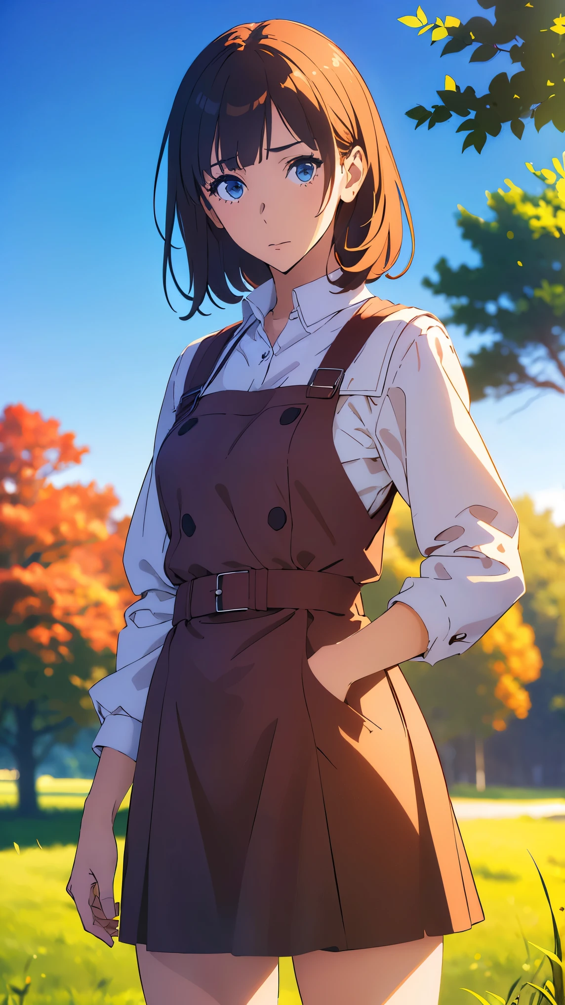 Girl1,(Pinafore Dress),(Stand in a public park),Highly detailed ,8K wallpapers،Highest quality, high resolution, beautiful lighting, realistic shadow, high resolution،(highly detailed, detailed faces and eyes, realistic eyes,full body,Looking at the viewer,cowboy shot) 