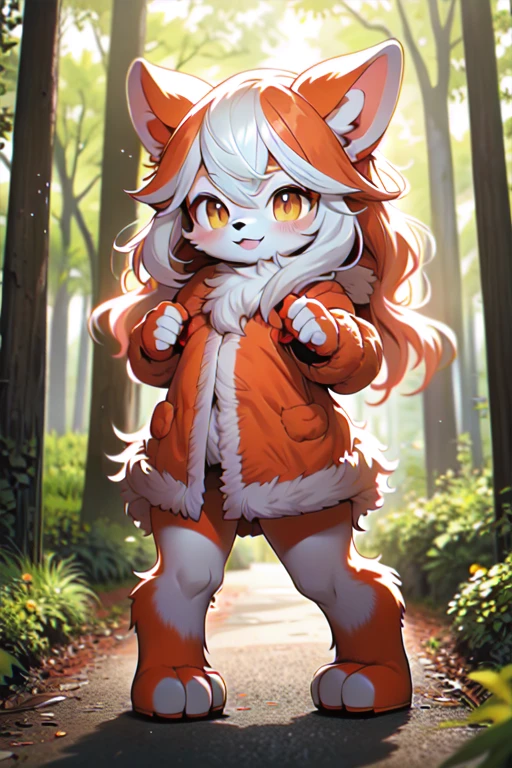 furry, orange fur, red fur, two tone fur, full body,smile, in forest, dressing