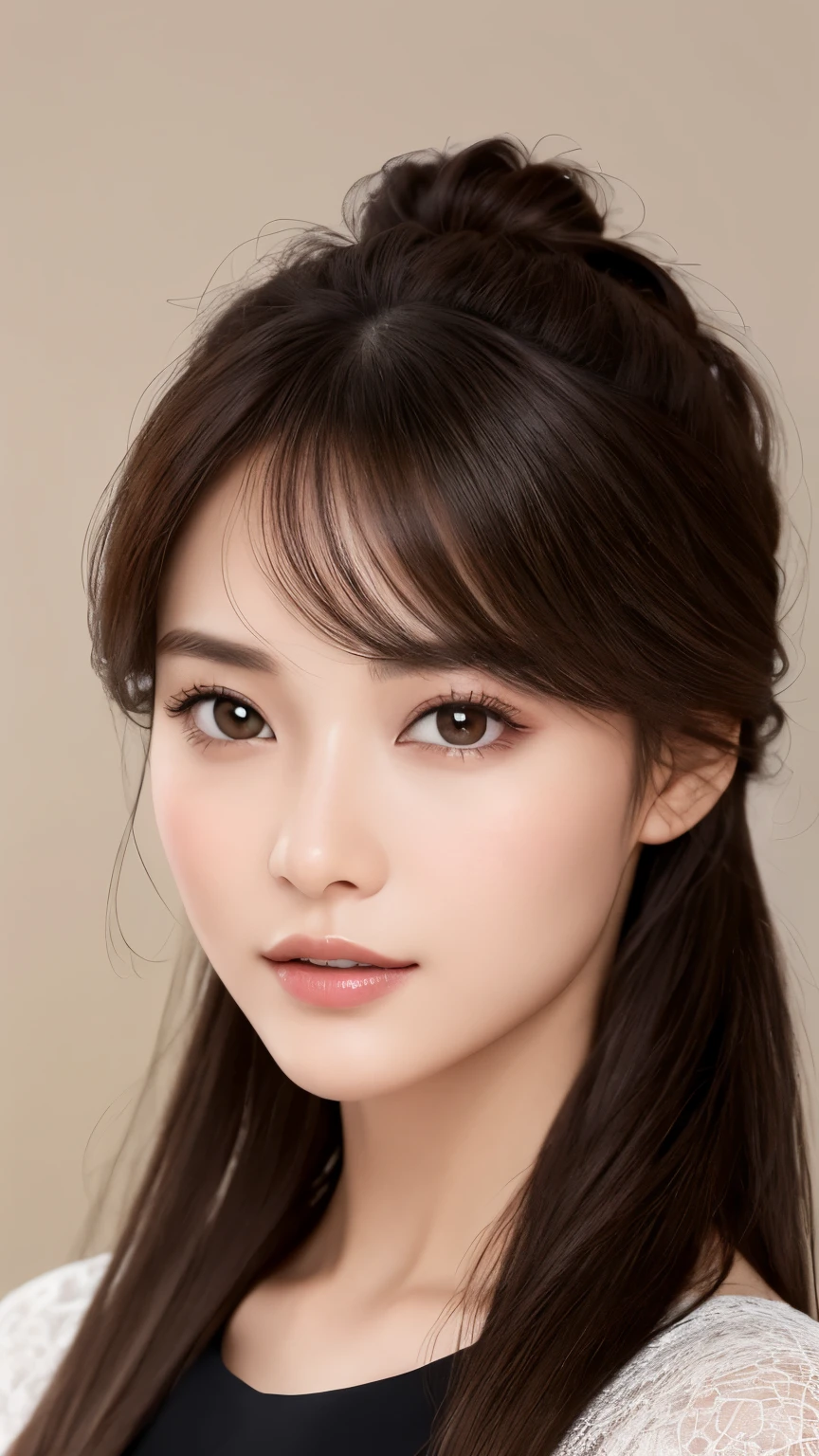 highest quality、realistic、Photoreal、very detailed、very delicate and beautiful、Raw photo、professional lighting、facial light、written boundary depth、focus only、Full body Esbian,1 female (beach at night):1.4)、brown haired、brown eyes、small head、beautiful eyes、dark eyeliner、very big breasts、real face、real skin、lifelike face、real looking skin、detailed eye、detailed facial features、Detailed features of the garment、(fashion clothing:1.3) ), (fashion hairstyles: 1.3)、 looking at the viewer, simple background, Magnificent face and big, beautiful teeth、