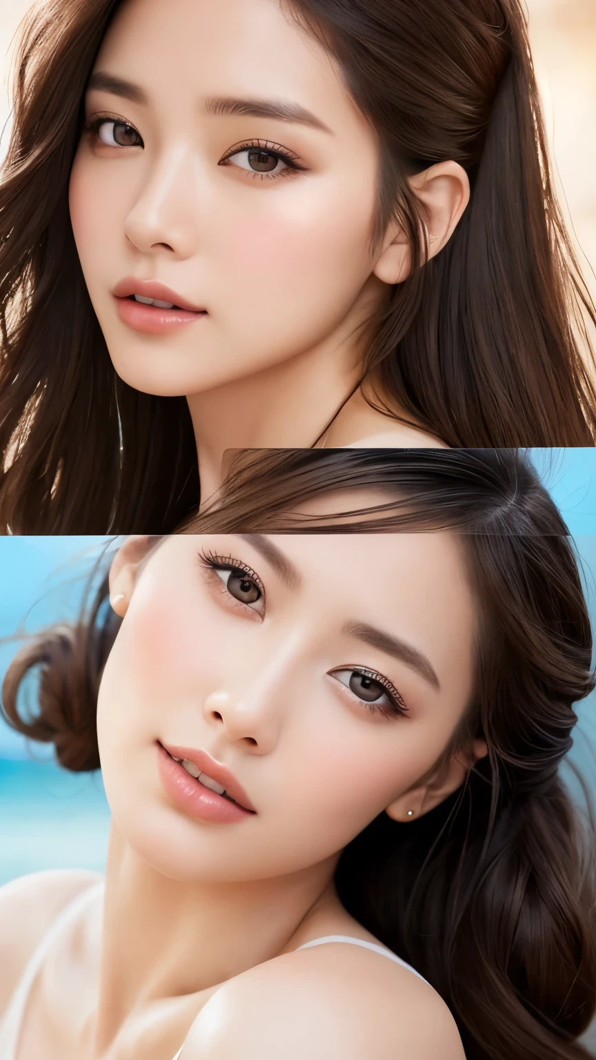highest quality、realistic、Photoreal、very detailed、very delicate and beautiful、Raw photo、professional lighting、facial light、written boundary depth、focus only、Full body Esbian,1 female (beach at night):1.4)、brown haired、brown eyes、small head、beautiful eyes、dark eyeliner、very big breasts、real face、real skin、lifelike face、real looking skin、detailed eye、detailed facial features、Detailed features of the garment、(fashion clothing:1.3) ), (fashion hairstyles: 1.3)、 looking at the viewer, simple background, Magnificent face and big, beautiful teeth、