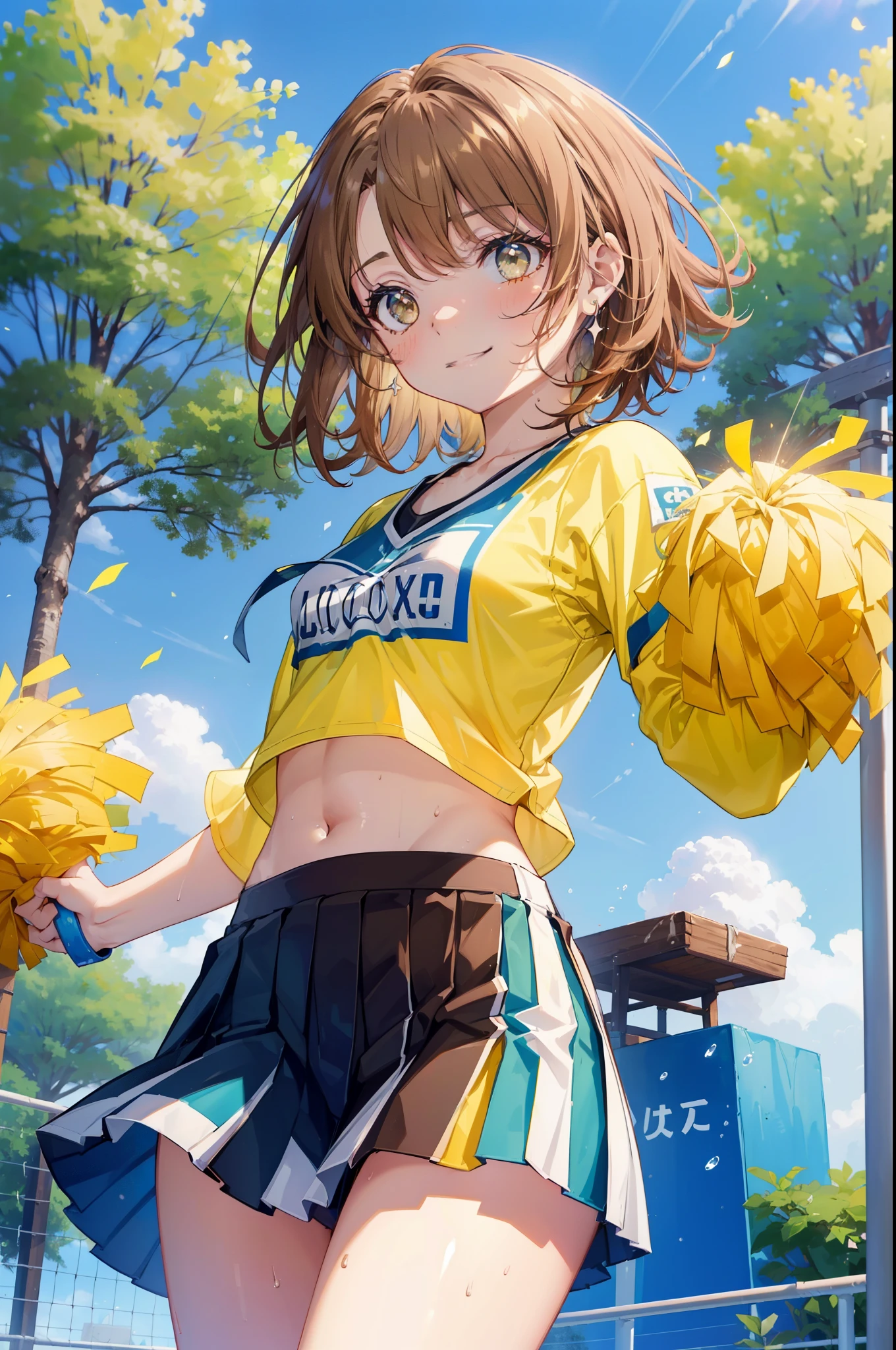 irohaisshiki, iroha isshiki, short hair, brown hair, (brown eyes:1.5), smile,happy smile, smile, open your mouth,(cheer leading), (whole body), medium chest, (sweaty), sweaty Wet Clothes, (yellow clothes),Yellow pleated skirt,sneakers , Navel support, playground, (jump), (jump), 足を曲げてjumpする, air, blue sky, Grass原, smile
チアリーダー, pom pom \(cheer leading\), Grass, smile,
break outdoors,stadium,
break looking at viewer,(cowboy shot:1.5),
break (masterpiece:1.2), highest quality, High resolution, unity 8k wallpaper, (figure:0.8), (detailed and beautiful eyes:1.6), highly detailed face, perfect lighting, Very detailed CG, (perfect hands, perfect anatomy),