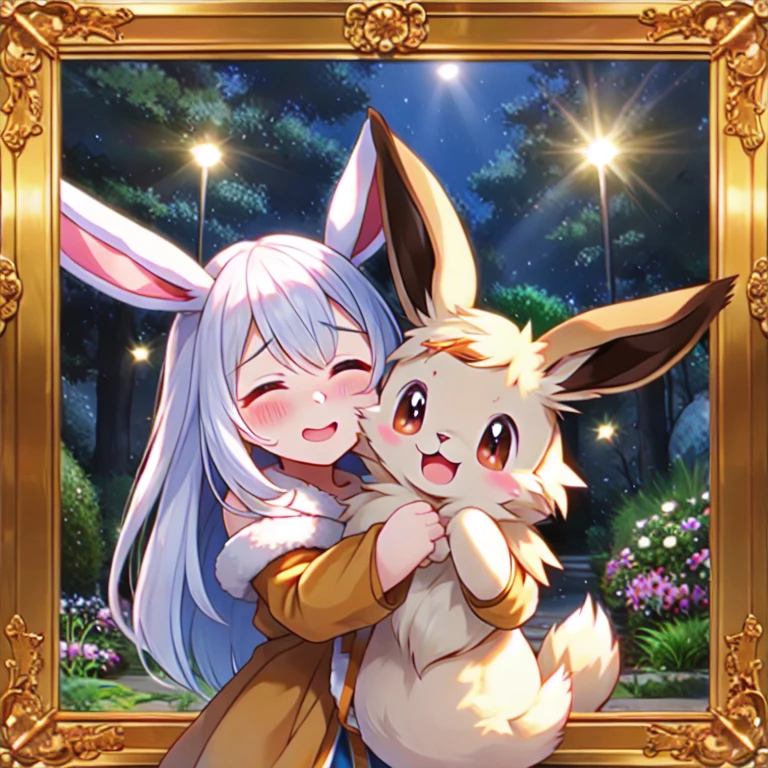 A very horny female eevee forcibly kissed the male eevee, and she was very happy afterwards. The male eevee was embarrassed, no background, cute, two Ibrahimovics in the same frame