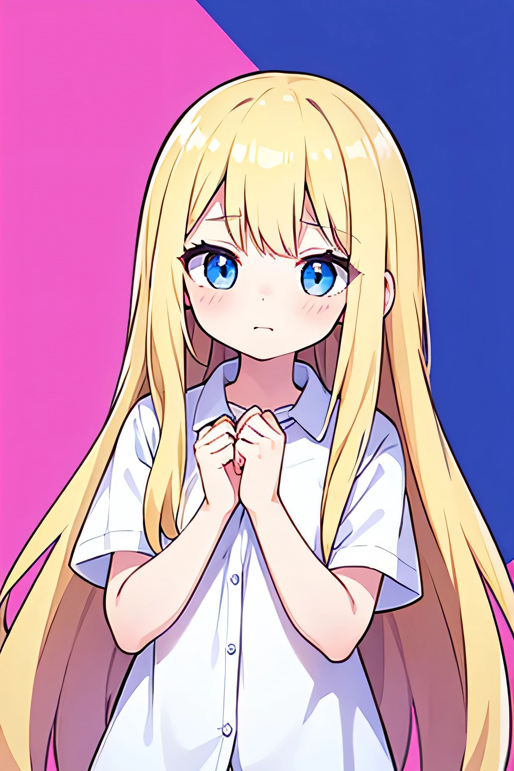 1girl, blonde hair, long hair, pure long hair,  girl, 8k resolutions, blue eyes, pink background, masterpiece, white shirt, shy face, detailed eyes