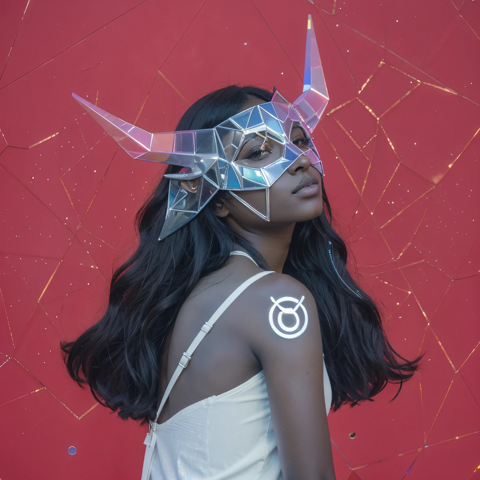 girl wearing a white top, with long wavey black hair, dark skin, wearing a holographic mask with horns, transparent mask