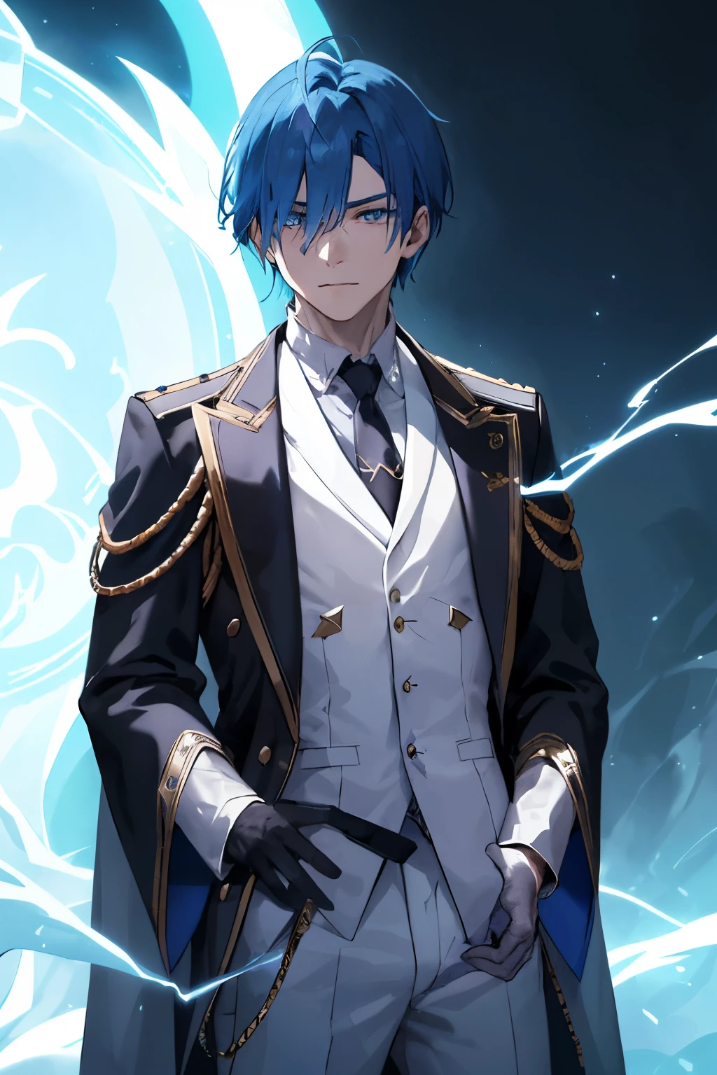 I want a captivating human demon hunter with electrifying blue hair that shines under the moonlight, donning pristine white clothes that symbolize purity and determination. His piercing gaze is focused on the supernatural world around him, ready to confront any evil that crosses his path. The details of his attire are intricately rendered, from the folds of his garments to the embellishments that signify his hunter status. The perfect lighting highlights his sculpted physique, creating an alluring contrast between the ethereal whites and the deep, mystical blues.