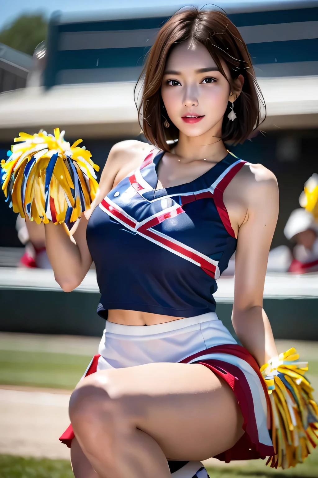 baseball Ground、(Cheerleader:1.7)、A girl alone in the rain、cheeks turn red、look at the audience、heavy rain、big breasts、I don&#39;t have an umbrella、under the rain、girl without an umbrella、wet face,wet skin、wet body、wet costume、wet hair、flower、hairpin、necklace、Looking up from under the earrings、Depth of written boundary、pointed red mouth、(reddish brown wet shiny short hair),red mouth,clavicle、beautiful fingers、hourglass body、full body portrait、cute wet face、digital illustration,Single-lens reflex camera, (Photoreal:1.3),(Raw photo.), (table top,highest quality,Ultra high resolution output image,) (8K quality,),(Image mode Ultra HD,),(Image mode Ultra HD)、