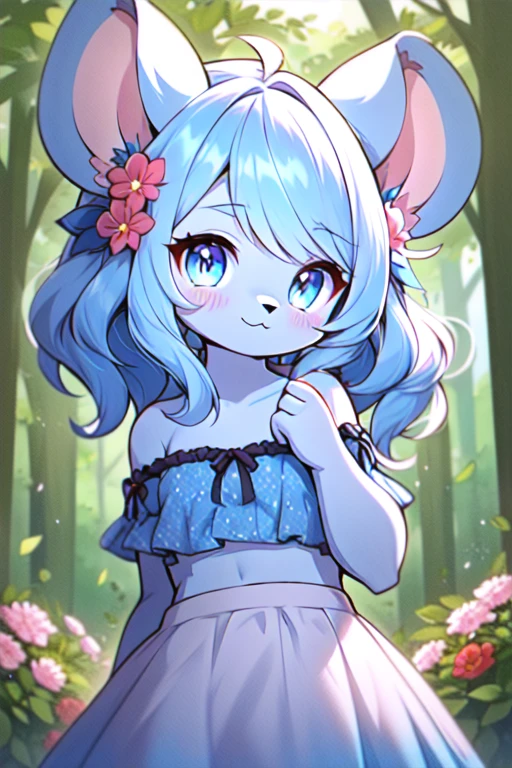 furry,cute girl,chibi,mouse ears,blue hair, blue dress,sleveless,strapless,midriff,white skin,in forest,looking at viewer,smile,closed mouth,flowers,slightly above,