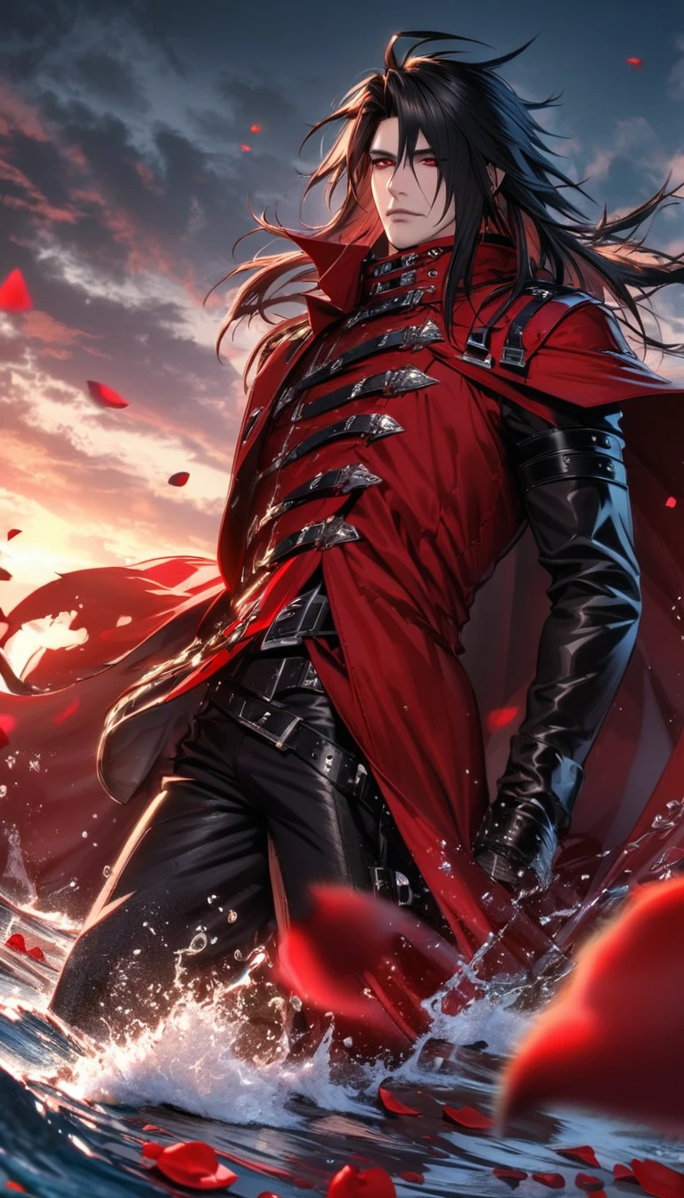 Ultra detailed, highres, absurdres, HDR, Vincent Valentine, black hair, red eyes, Final Fantasy dirge of cerberus, 1 man only, handsome, water, flowers and red petals, summer, black leather clothes, red cape,