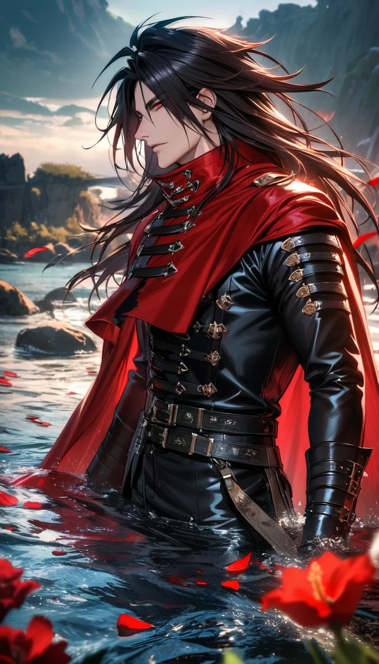 Ultra detailed, highres, absurdres, HDR, Vincent Valentine, black hair, red eyes, Final Fantasy dirge of cerberus, 1 man only, handsome, water, flowers and red petals, summer, black leather clothes, red cape,