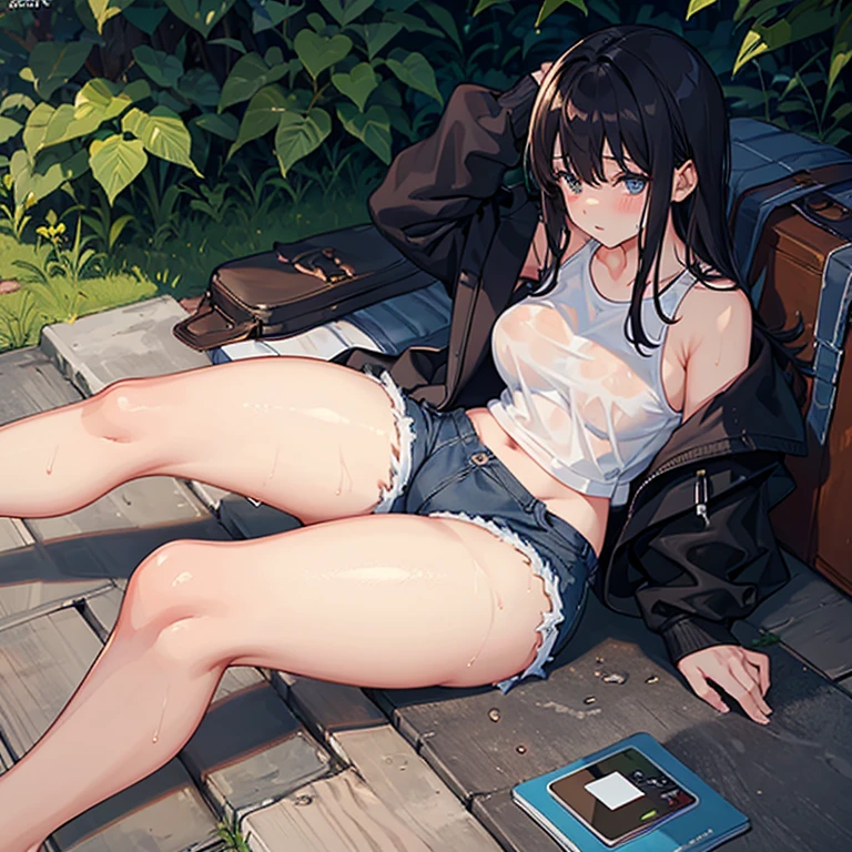 1girl, wet body, thick thighs, shorts, casual outfit, full body, laying, clean thighs, and 1 boy touch her thighs