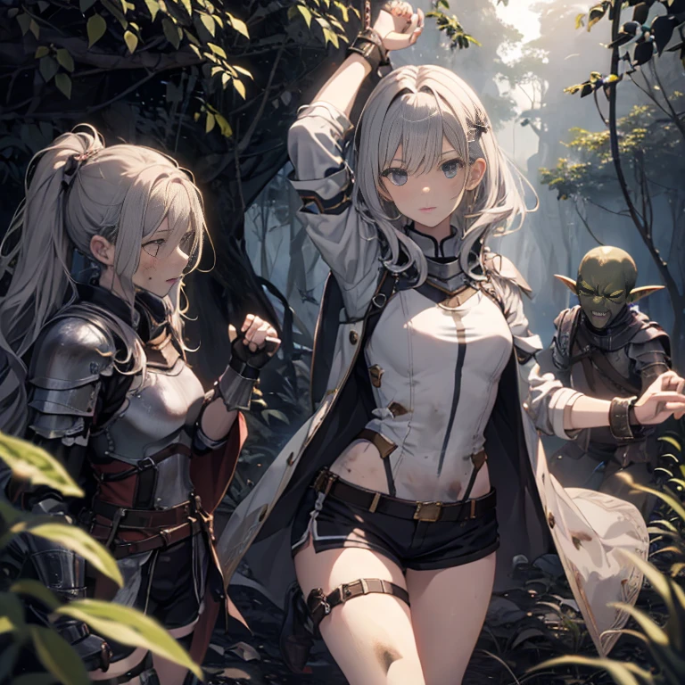 Masterpiece, (ghostriding), (a ghost is riding a girl), ghost, mutiple ghosts, ghosts, ((all four)), 1 girl, (armor:1.1), (Nose hook), rein, shirt collar, chain, rope, obey, dazed, happy, smile, Sangvis Ferry, hair accessories, long hair, white hair, Twintail, hair ribbon, yellow eyes, Destroyer, Girls' frontline, small breast, Pale skin, expressionless, Emotionless, ดวงempty eyes, empty eyes, mind control, cave background