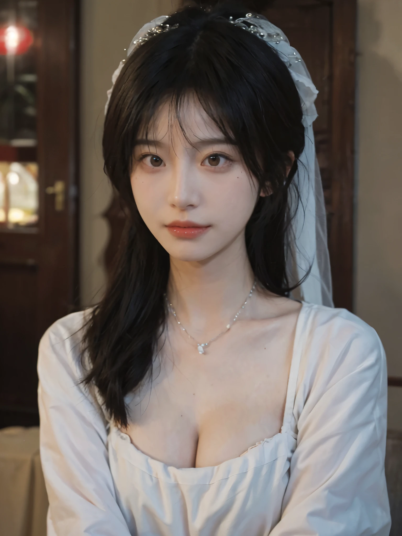 best quality， ultra high resolution， （realistically：1.4），cute hairpin，Baoyu Girl，Standing in the wedding hall，（flat chest：1.2） ，A pair of clear and charming peach blossom eyes,Royal sister，The sun shines on the face，Big wavy hairstyle，（necklace：1.2），（White skin：1.4），a sense of atmosphere，a beautiful girl，looking directly at the viewer， Close-up cleavage ，(lifelike:1.4),1 girl,Sexy,(Upper body:1.4),(wet),(:1.2)