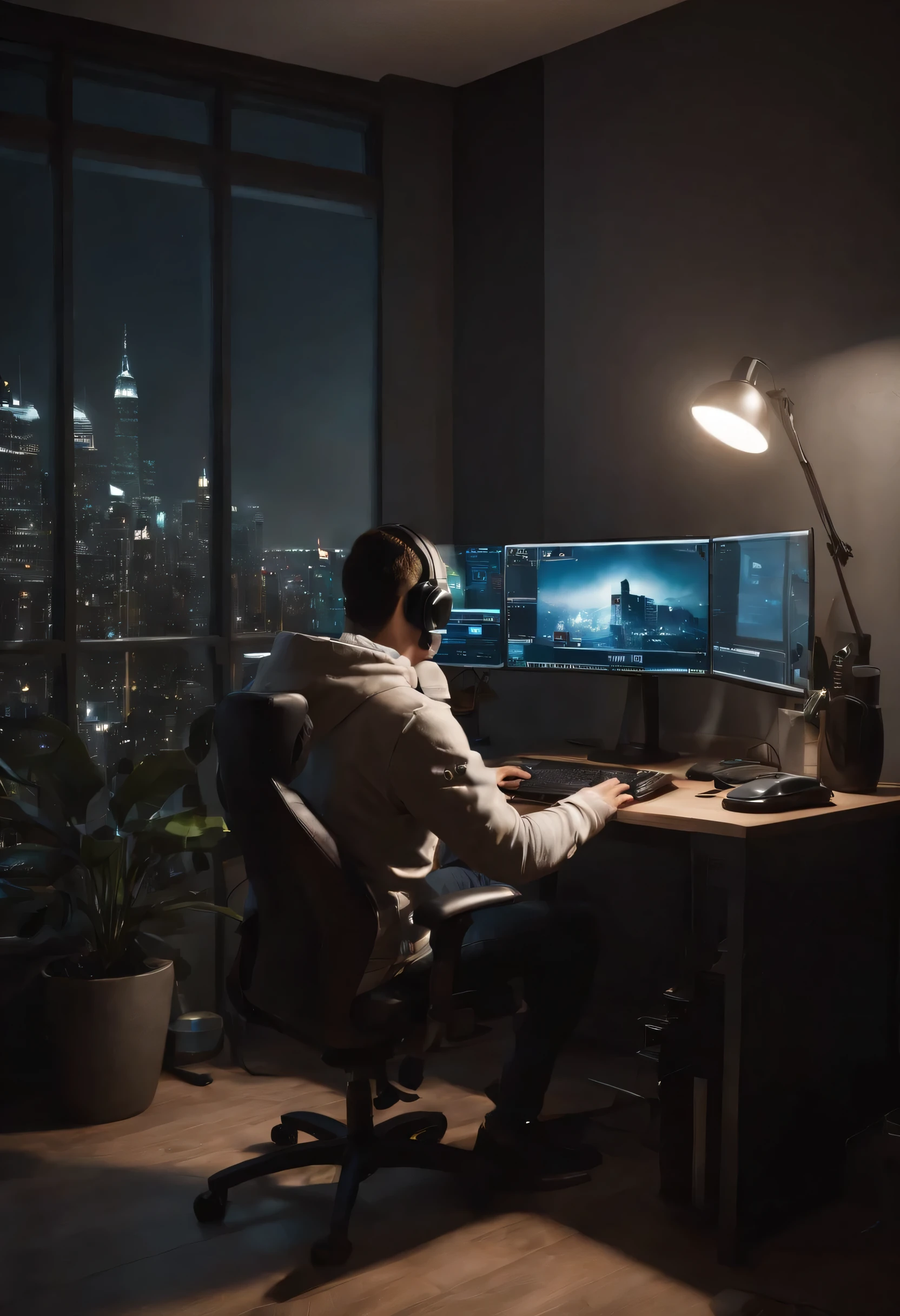 Em um quarto escuro, A person is sitting in a gaming chair, Operando um computador. The background consists of skyscrapers and apartments, Provide a view from the window of a residential apartment at night. The entire scene is painted in ultra-high resolution and of the highest quality. The person is wearing a long-sleeved hooded sweatshirt, Complete immersion in computer work. The image is captured from the side, Desenhando uma sala pequena e apertada. The materials used in the work are:::、It is a digital illustration in a realistic style, Detalhes ricos e cores vibrantes. The lighting is carefully designed to create a dramatic atmosphere, Destaque o brilho da tela do computador no rosto de uma pessoa. Considere incluir detalhes adicionais, como cabos, peripherals, cartazes de parede、Aumenta o realismo geral da imagem.