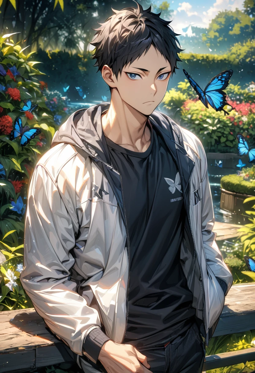 absurdres, highres, ultra detailed, HDR), masterpiece, Akaashi Keiji, vibrant dark blue eyes, black hair, Haikyuu, 1man, handsome, garden, butterflies, water, white jacket, black T-shirt