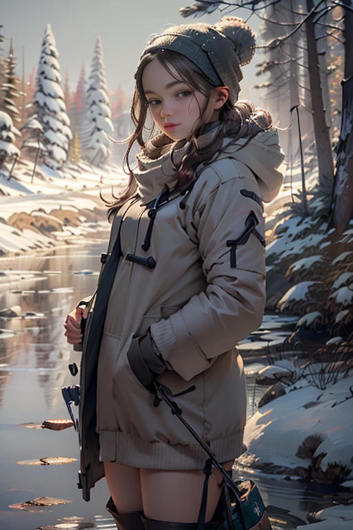 winter outfit, (detailed eyes), girl with fishing rod in a lake, Perfect proportions, Definition and sharpness of textures, White balance, under a tree on a hill, (winter background:1.8), (Photorealistic:1.4), (Highly detailed), (high resolution), (Best quality), (masterpiece)