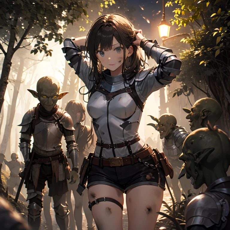 A female knight, (in forest), wearing armored clothes, metal armor, night, details face, , shorts, surrounded by goblins, various weapons, dirty, bdsm, tied wrist, hands up 