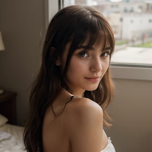 ((super realist)), ((teen girl)) , face of teen girl, thin, dark eyes, dark hair, ((16:9 aspect)), in bed, ((cloud filter)), room wall view, high school age, old camera view, high sharpness, ((teenager)), ((legs open)), nude, ((she is very sexually excited)), ((14 years))