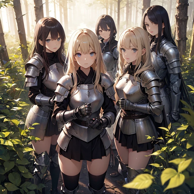 A group of young female knight, (in forest), various hair styles, harem, wearing armored clothes, metal armor, night, details face, , short skirt, seducing, sword,