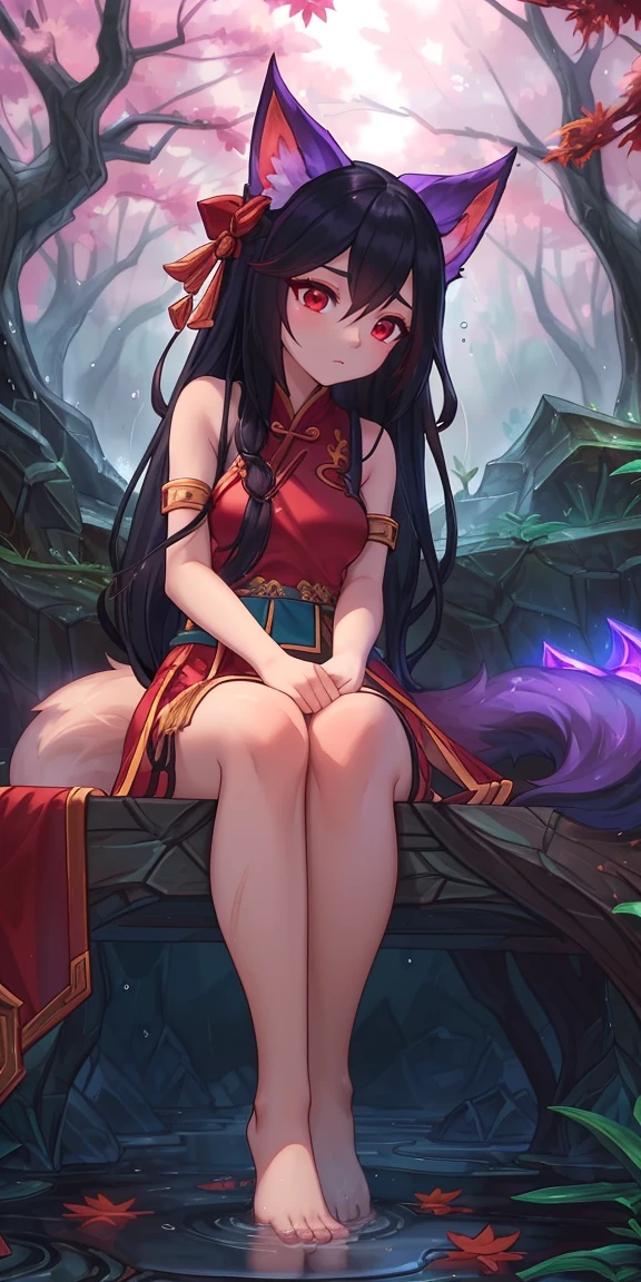 (League of Legends:1.5), (detailed manga illustration:1.2),(masterpiece:1.25),(best quality), (ultra-detailed:1.25),(idyllic),chinese classical style, (rain:1.2),raindrop, (maplegrove:1.3),dense leaves, rockery landscapr, spring water, [ink painting], (mournful, poignant), (color splashing:1.15),(watercolor:1.2),(depth of field:1.25),(solo:1.5) ,[ghostdom], backlight, [looking to the side],
(1 beautiful girl:1.25) with (chinese hanfu: dark red+black),(chinese antiquities) and gorgeous,(hair ribbon),(fox ears),(detailed beautiful red eyes:1.15), (beautiful face:1.15), (black long hair, gradual dark red colored tips), (fox tail),(maple leaves, fallen leaves),soaking feet, expressionless, sitting under a maple tree,