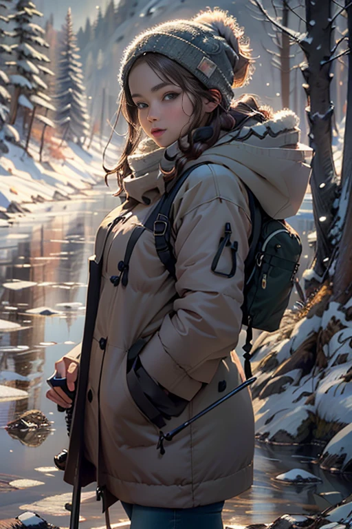 winter outfit, (detailed eyes), girl with fishing rod in a lake, Perfect proportions, Definition and sharpness of textures, White balance, under a tree on a hill, (winter background:1.8), (Photorealistic:1.4), (Highly detailed), (high resolution), (Best quality), (masterpiece)