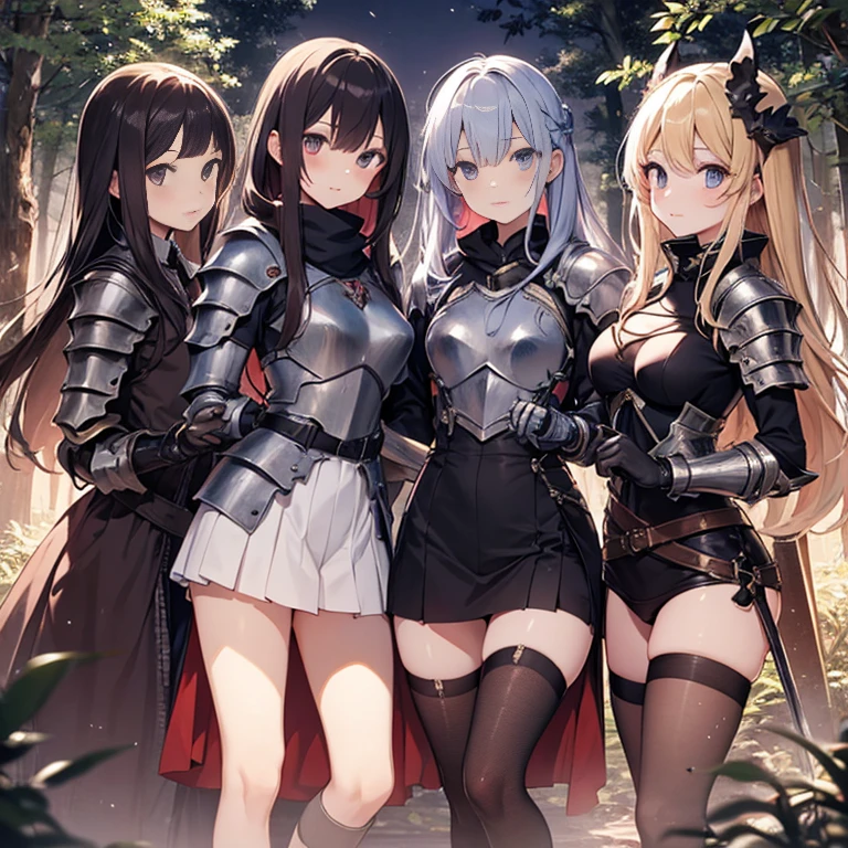 A group of young female knight, (in forest), various hair styles, harem, wearing armored clothes, metal armor, night, details face, , short skirt, seducing, sword,