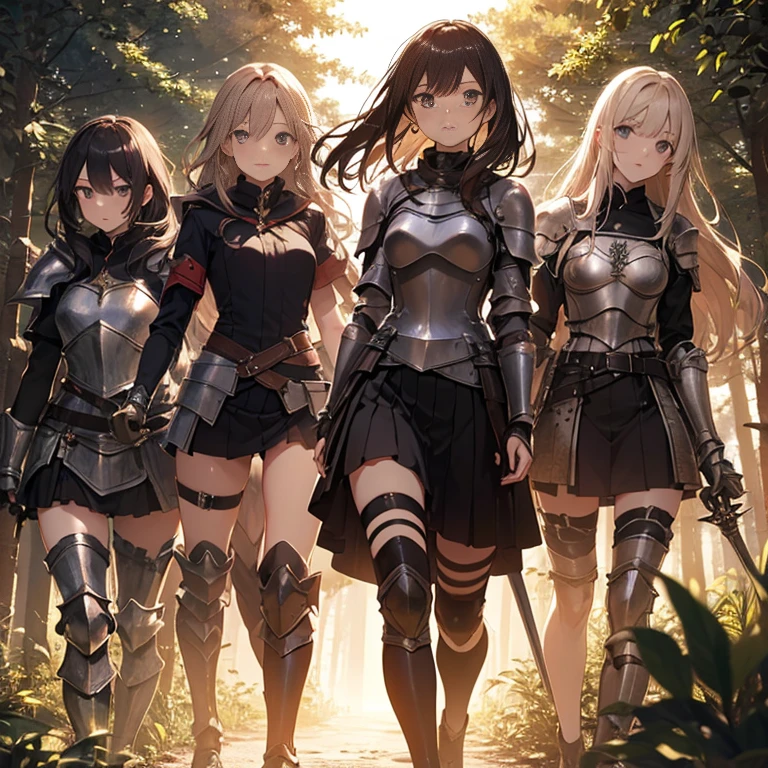 A group of young female knight, (in forest), various hair styles, harem, wearing armored clothes, metal armor, night, details face, , short skirt, seducing, sword,