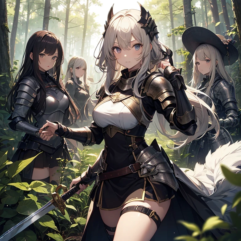 A group of young female knight, (in forest), various hair styles, harem, wearing armored clothes, metal armor, night, details face, , short skirt, seducing, sword,
