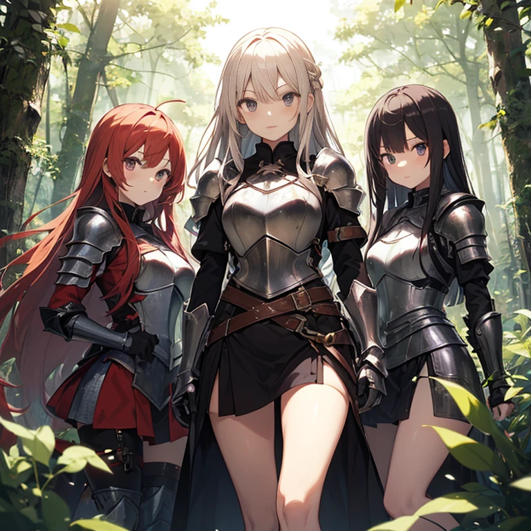 A group of young female knight, (in forest), various hair styles, harem, wearing armored clothes, metal armor, night, details face, , short skirt, seducing, sword,