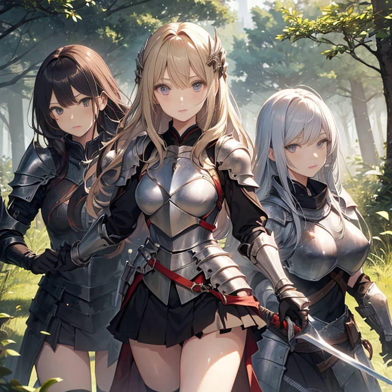 A group of young female knight, (in forest), various hair styles, harem, wearing armored clothes, metal armor, night, details face, , short skirt, seducing, sword,