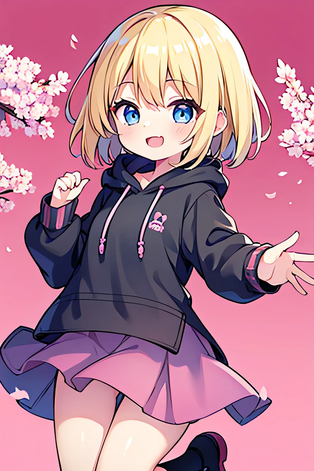 1girl, blonde hair, short hair, smooth hair, teen girl, 8k resolutions, blue eyes, masterpiece, sakura trees, wearing black hoodies, happy face, pink background