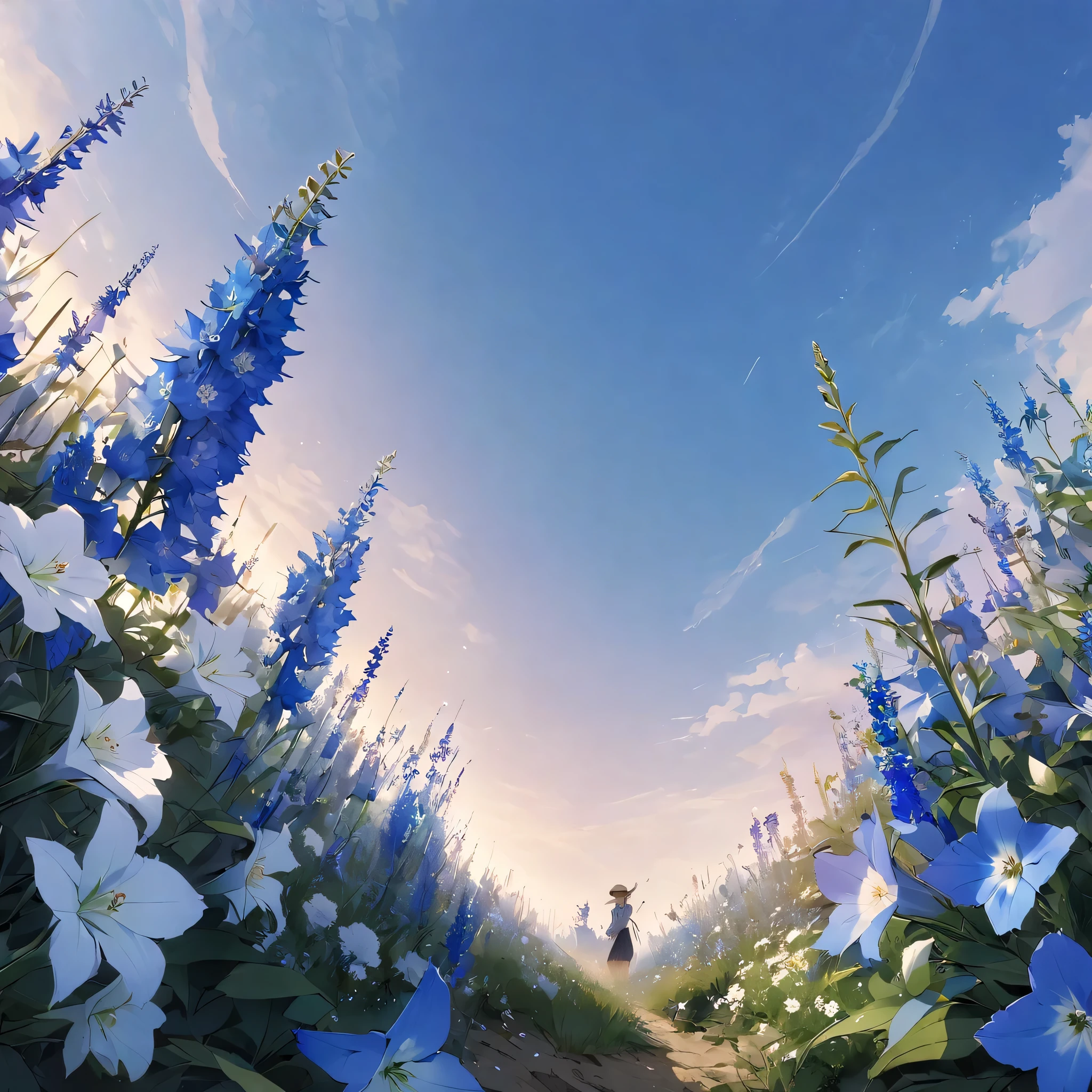 masterpiece, best quality, very aesthetic, absurdres, 

(Illustrations of plants and flowers, no trees, only flowers), 
Delphinium in full bloom, blue Delphinium, animation, flower field, gentle breeze,
(Prairie, flat land), (Flowers all over: 1.3), 
View from below