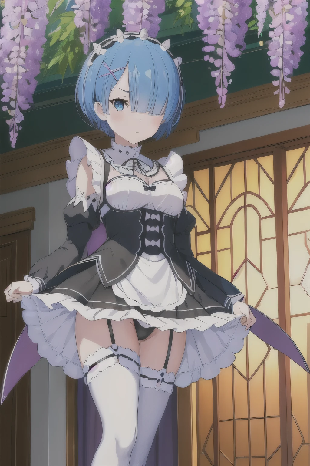 (masterpiece, best quality:1.2), 1girl, solo,standing_split, masterpiece, (Maid uniform ), angry face, good lighting, low-cut, fine details, masterpiece, glowing eyes, 1girl, Rem , short blue hair , wisteria background, masterpiece, best quality, POV, whole body, wide hips, pantie . raising the leg, kick , front .