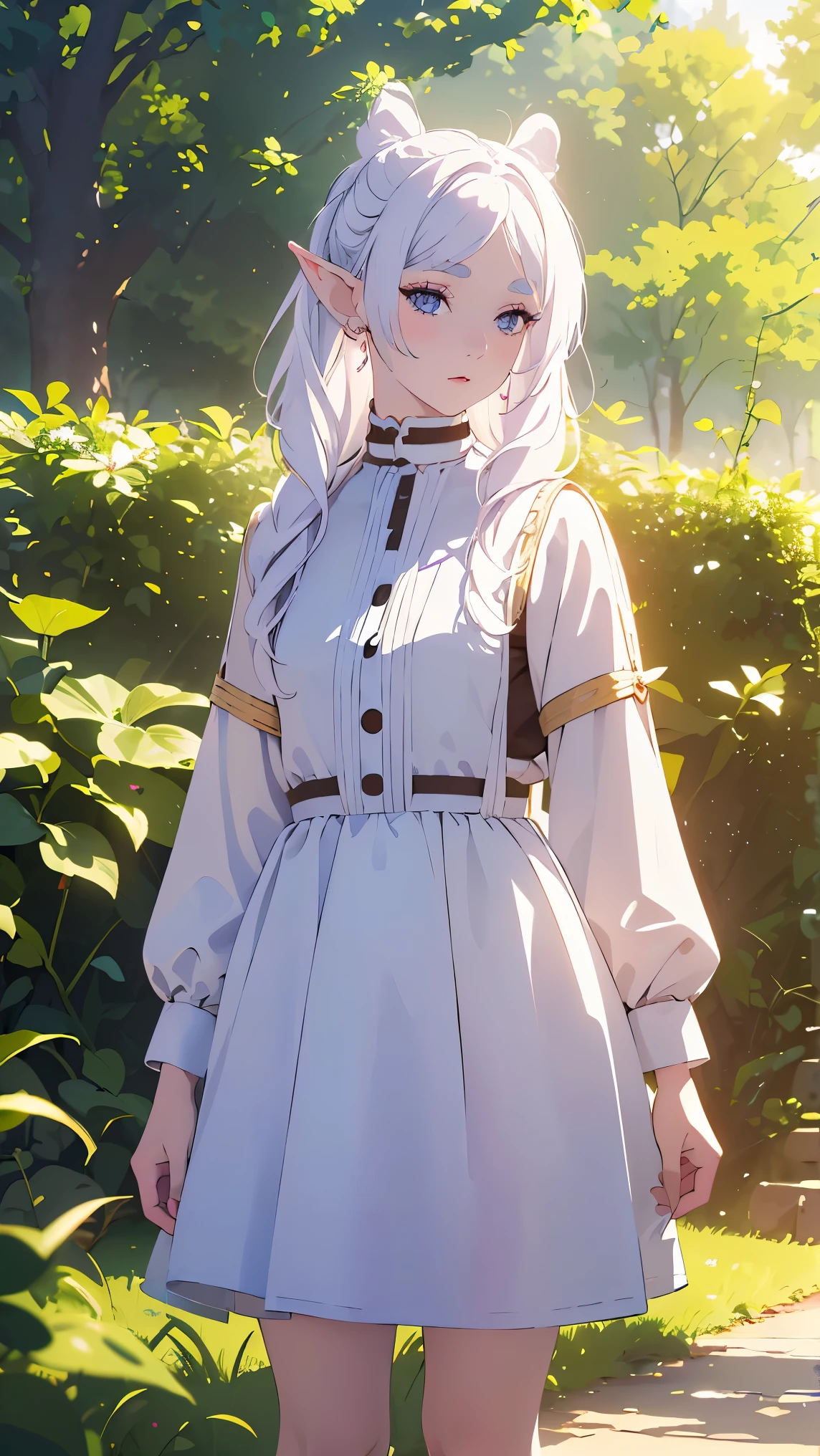 (Faerie girl1,white hair,Pale skin,Fairy ears),(Pinafore Dress),(Stand in a public park),Highly detailed ,8K wallpapers،Highest quality, high resolution, beautiful lighting, realistic shadow, high resolution،(highly detailed, detailed faces and eyes, realistic eyes,full body,Looking at the viewer,cowboy shot) 