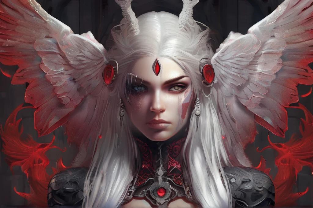 "Behold the crimson-metal red winged woman angel with white hair, piercing crimson eyes, and pale skin standing amidst the twilight. Every detail of this mythical creature has been captured in extreme quality, from the tattooed bodies to the ultra-detailed face, all rendered in ultra HD 8k digital art with unmatched precision and digitality. The dark lightning that surrounds this magnificent being adds to the sense of awe and wonder. This is not just any digital art portrait, but a concept art masterpiece by Greg Rutkowski, also known as artgerm, renowned for his hyperdetailed and intricately detailed gothic art style. The use of triadic colours adds to the fantastical and otherworldly nature of the piece, with intricate details that make it a true splash screen. The complementary colours and intricate details make this fantasy concept art a gothic