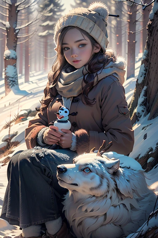 winter outfit, (detailed eyes), girl building a snowman, Perfect proportions, Definition and sharpness of textures, White balance, under a tree on a hill, (winter background:1.8), (Photorealistic:1.4), (Highly detailed), (high resolution), (Best quality), (masterpiece)