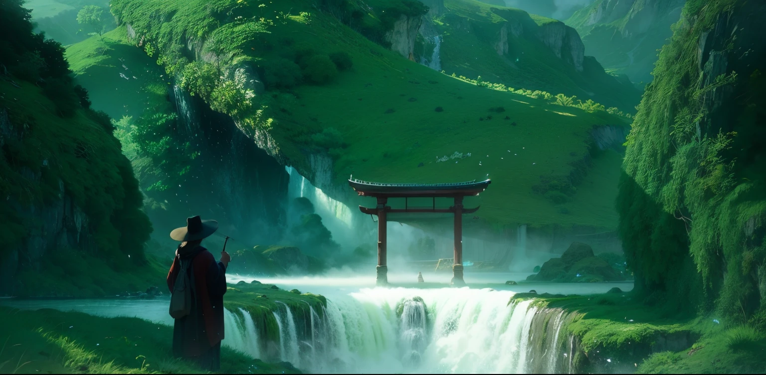 Misted Waterfall Grotto, Crimson Tori Gate over a small waterfall, Grand moss covered roots all around the background, The mythical misty waterfalls, chinese folklore, Natural landscape, Verdant and White color scheme only, Turquoise and White colors only, Green and White, Made in Abyss, Stormlight Archive, Studio Ghibli, Anime Key Visual, by Makoto Shinkai, Deep Color, Intricate, 8k resolution concept art, Natural Lighting, Beautiful Composition, Xianxia style